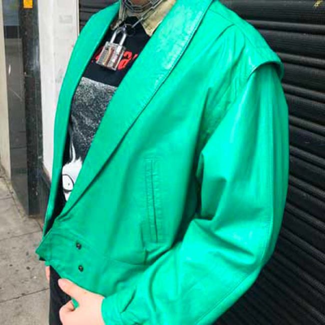 front of 80s Oversized Green Leather Jacket
