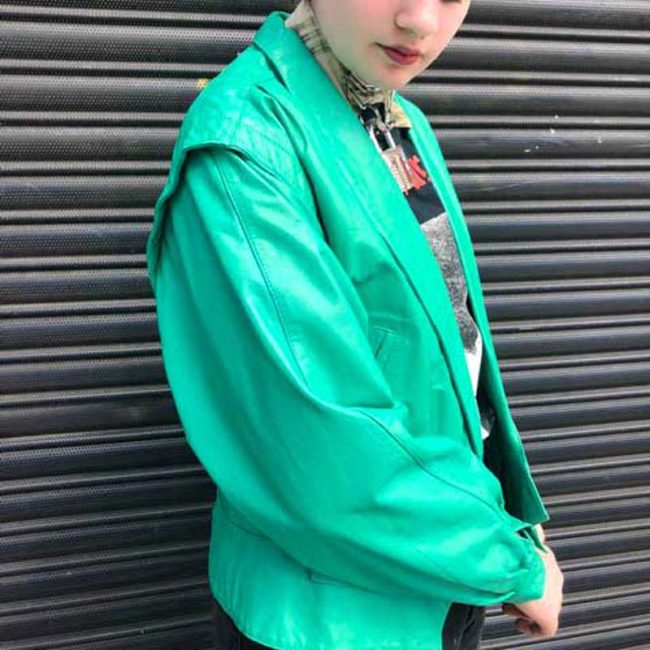 side of 80s Oversized Green Leather Jacket