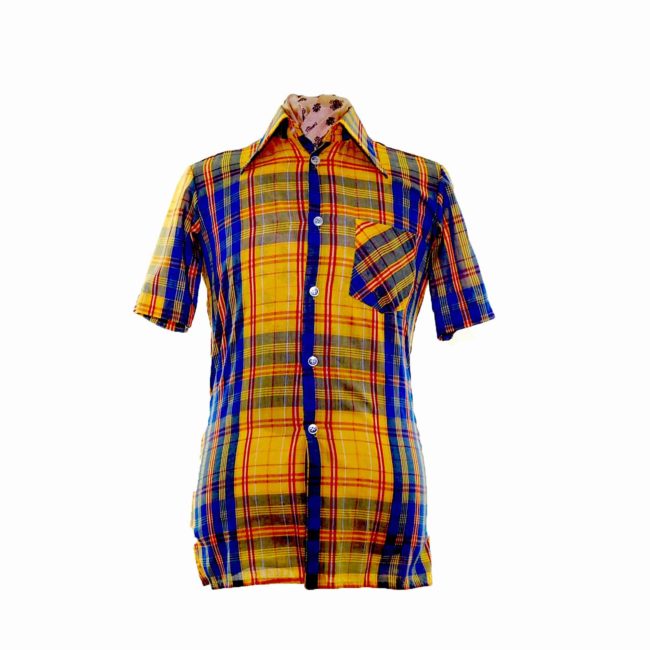 70s Yellow Contrast Checked Short Sleeve Shirt