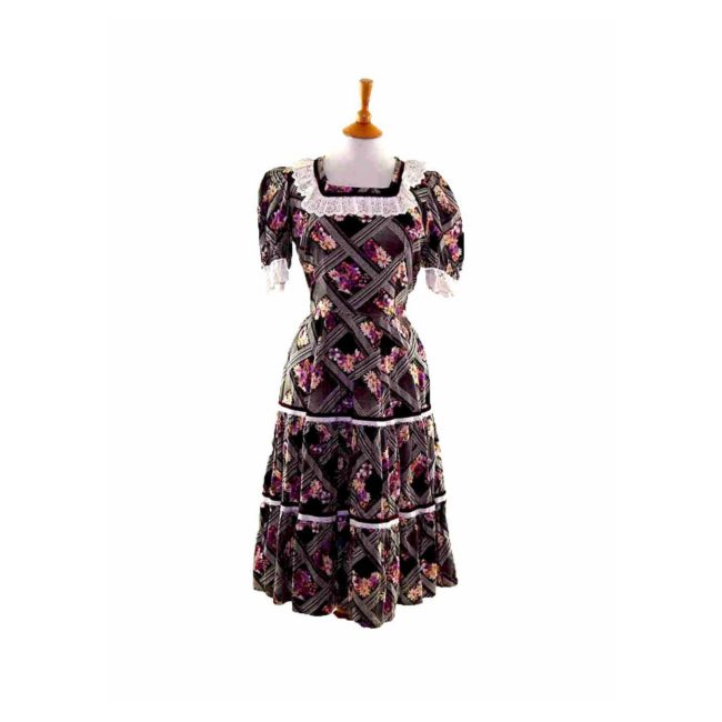 50s Black Floral Patterned Frilly Dress