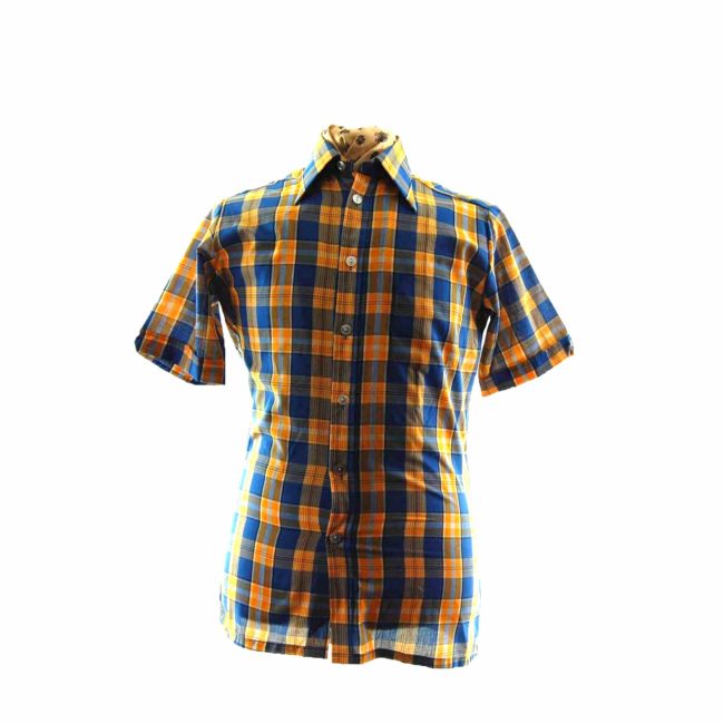 70s Yellow Blue Checked Short Sleeve Shirt