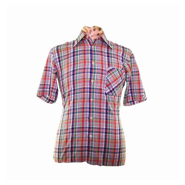 70s Bright Multicolored Plaid Short Sleeve Shirt