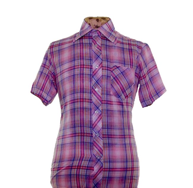 70s Purple Thin Checked Short Sleeve Shirt