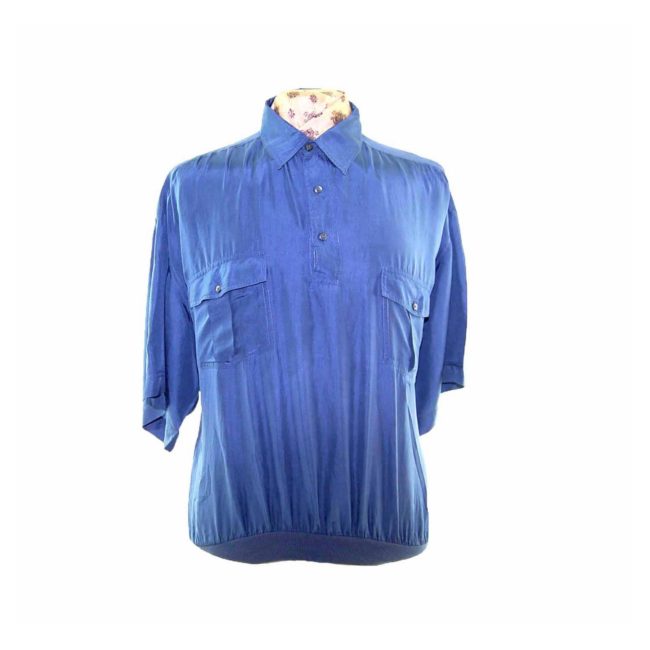 90s Dark Blue Silk Short Sleeve Polo Shirt