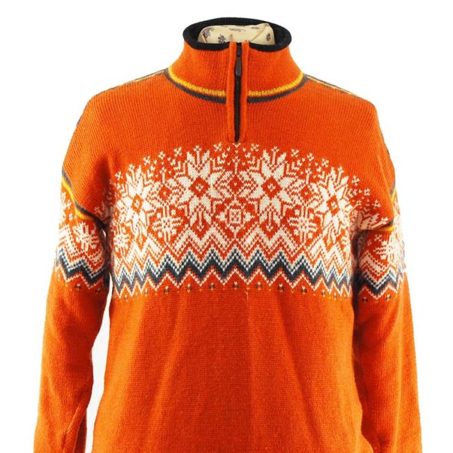 close up of back of Orange Norwegian Sweater