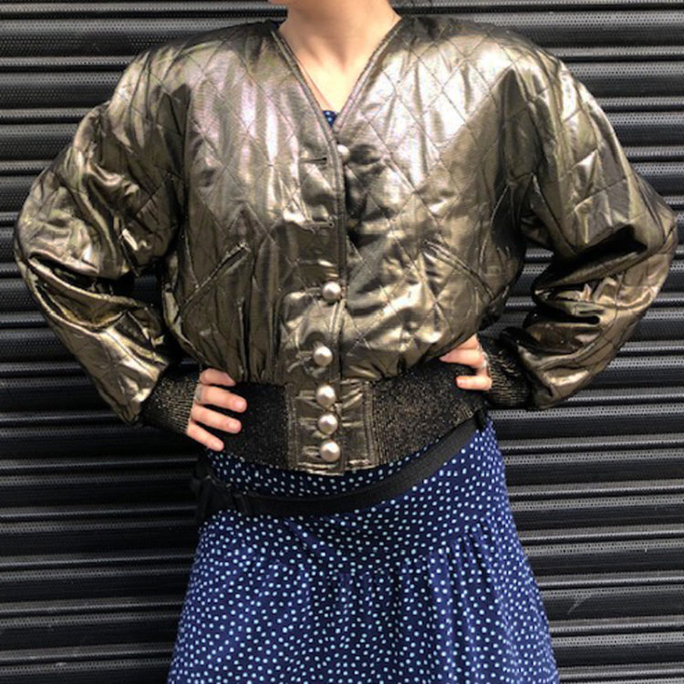 80s Womens Gold Quilted Bomber Jacket