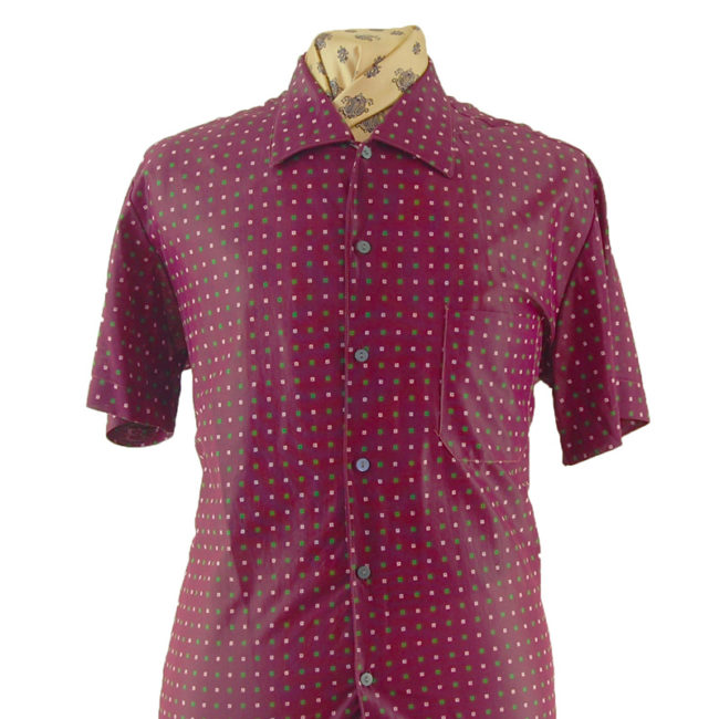 close up of 70s Purple Nylon Short Sleeve Shirt
