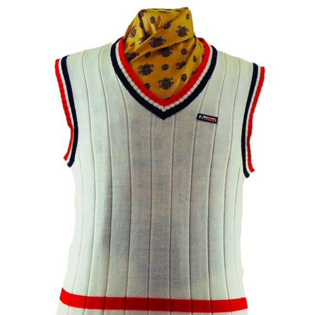 close up of 70s White Sports Vest
