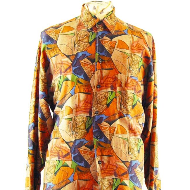 close up of 80s Mens Dark Grungy Silk Shirt