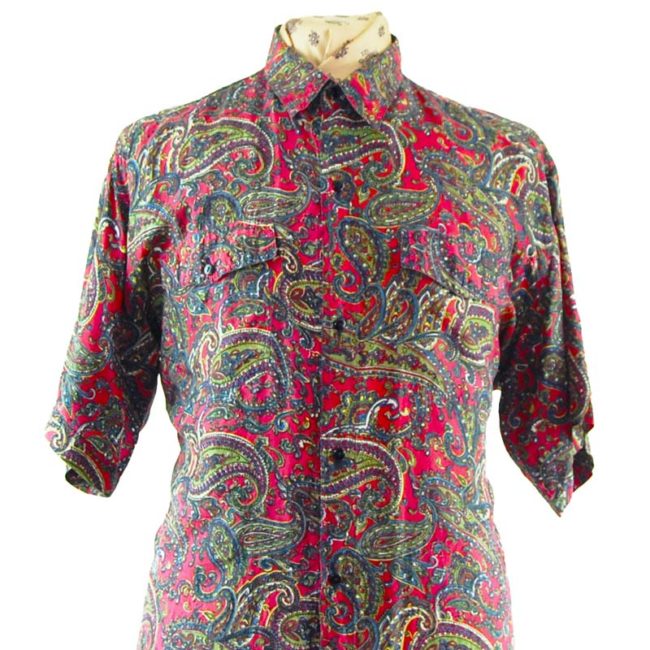 close up of 80s Red Paisley Vintage Silk Shirt