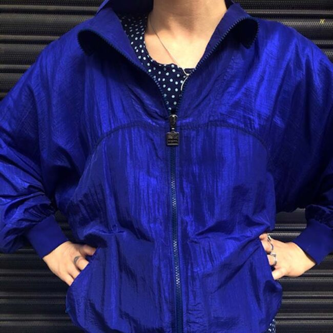 close up of 80s Waterproof Blue Sports Bomber Jacket