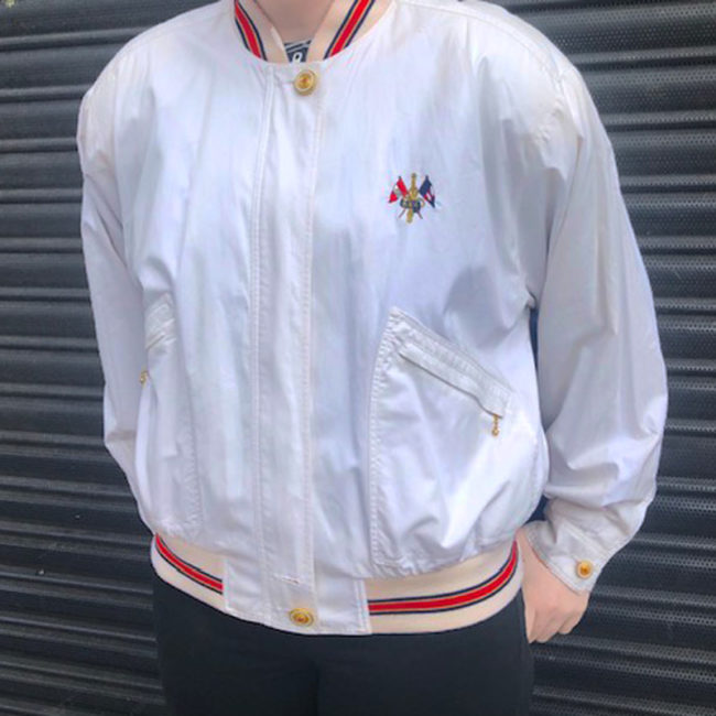 close up of 80s White RVC Bomber Jacket