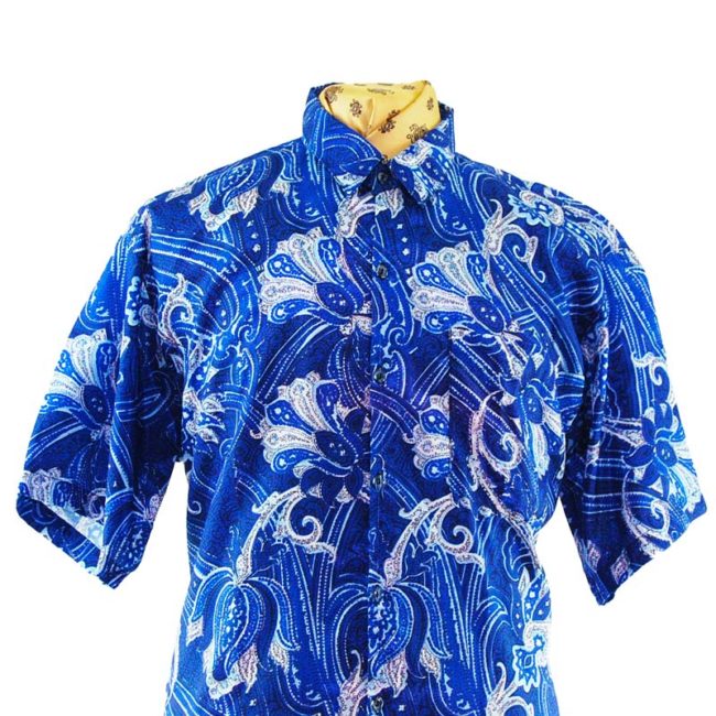 close up of 90s Blue Floral Silk Shirt