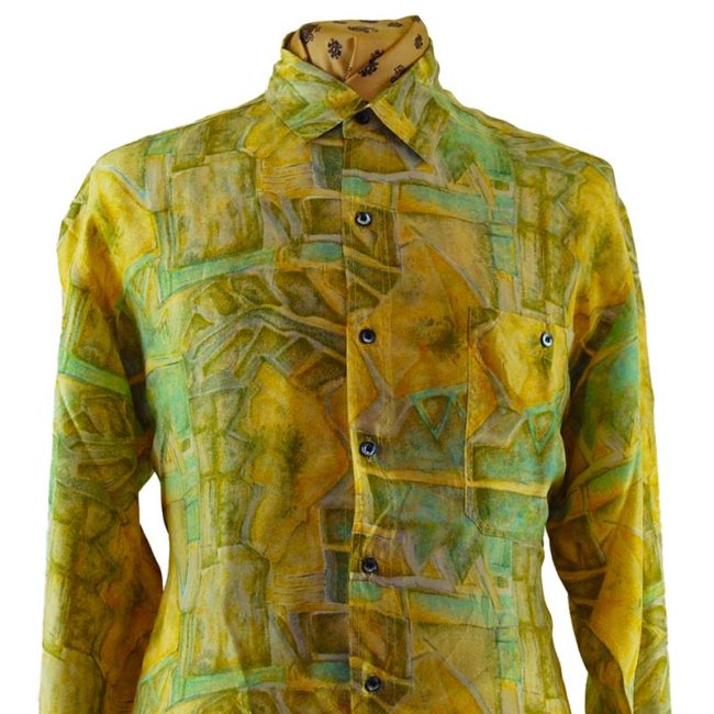 close up of 90s Green Abstract Landscape Silk Shirt