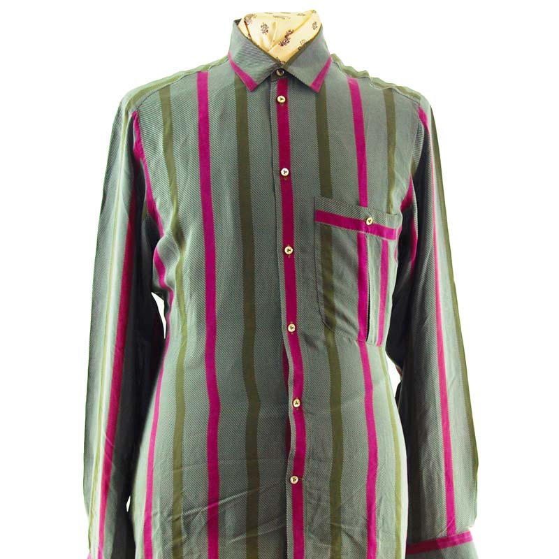 90s Grey Large Pinstripe Silk Shirt - UK L - Blue 17 Vintage Clothing