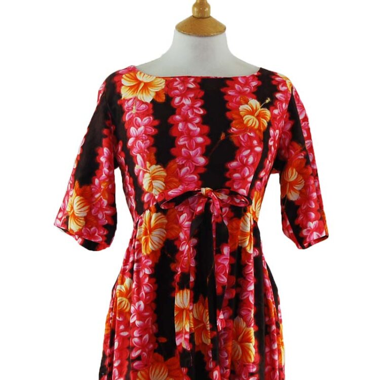 Hibiscus Flower Maxi Dress UK 14 Blue 17 Vintage Clothing