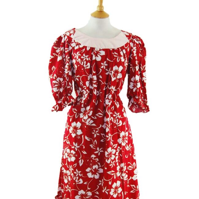 close up of Red Hawaiian Print MuuMuu Dress