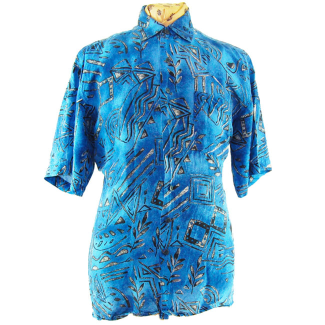 90s Blue Tribal Symbol Silk Shirt