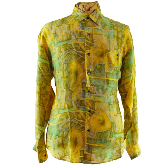 90s Green Abstract Landscape Silk Shirt