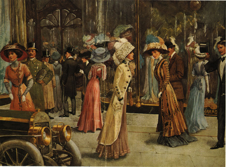 Vintage style tea dresses and fashionable Men and Women in front of Harrods 1909 Vintage style tea dresses and fashionable Men and Women in front of Harrods 1909