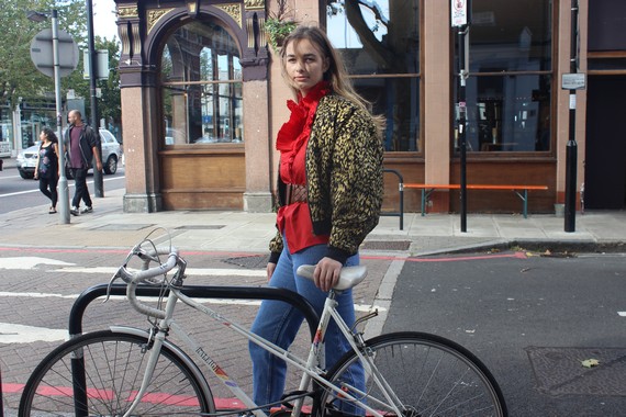 Red ruffled 90s blouse and animal print bomber jacket Red ruffled 90s blouse and animal print bomber jacket