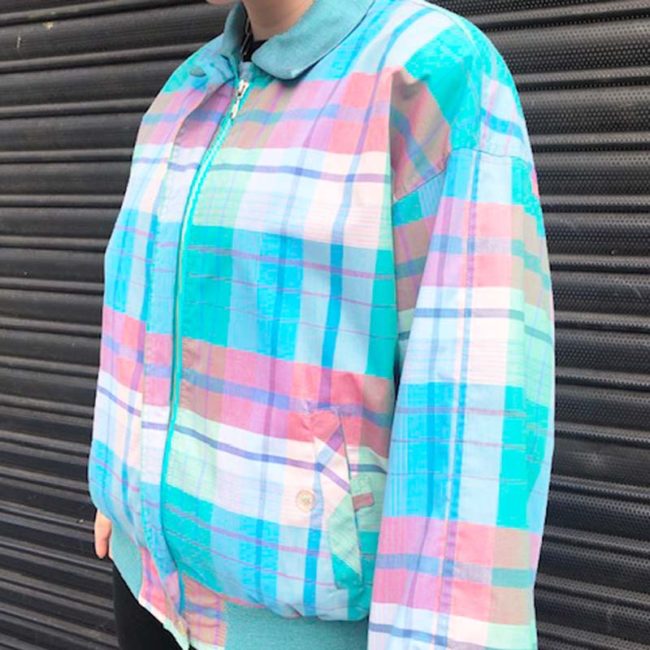 close up of 80s Multicolored Tartan Bomber Jacket