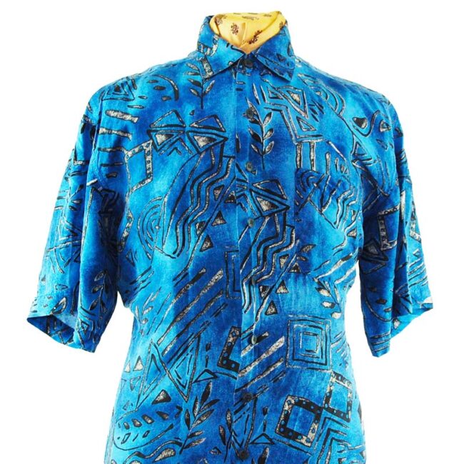 close up of 90s Blue Tribal Symbol Silk Shirt