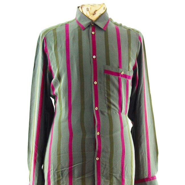 close up of 90s Grey Large Pinstripe Silk Shirt