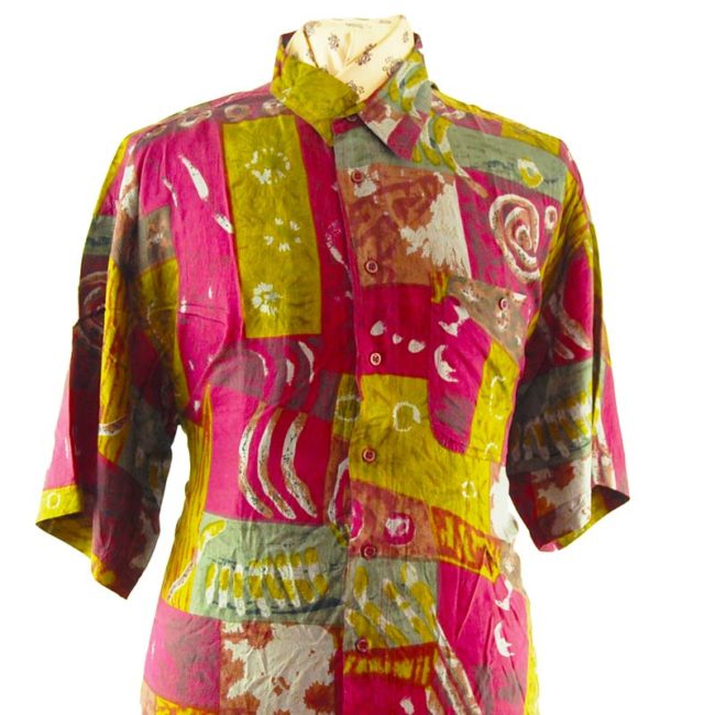 close up of 90s Paint Swirl Burgundy Silk Shirt