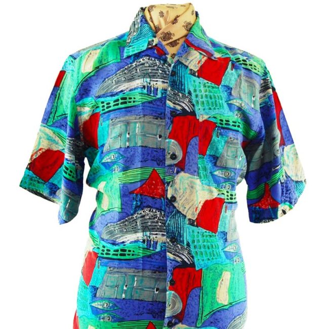 close up of 90s Seaside Landscape Silk Shirt