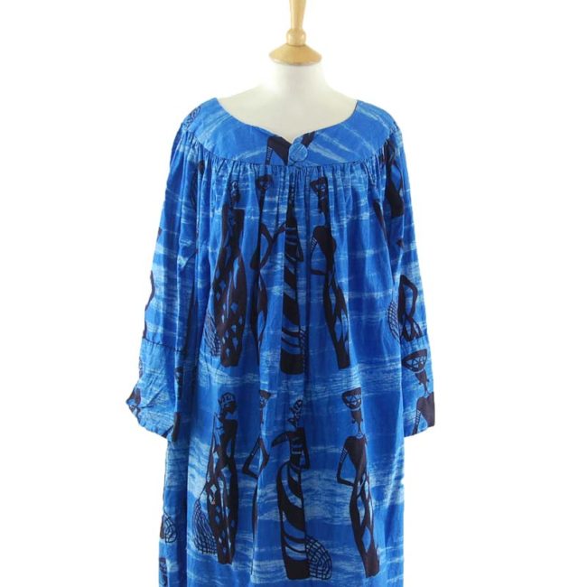 close up of Blue African Print MuuMuu Dress