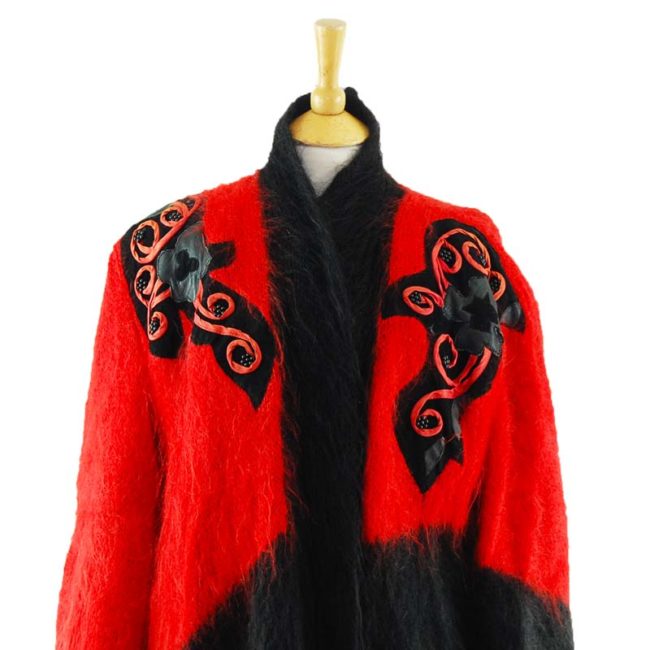 close up of Ladies Red And Black Mohair Cardigan