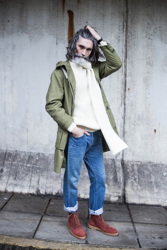 josh models green parka, white wool sweater and blue, turned up 501 jeans from Blue17. josh models green parka, white wool sweater and blue, turned up 501 jeans from Blue17.