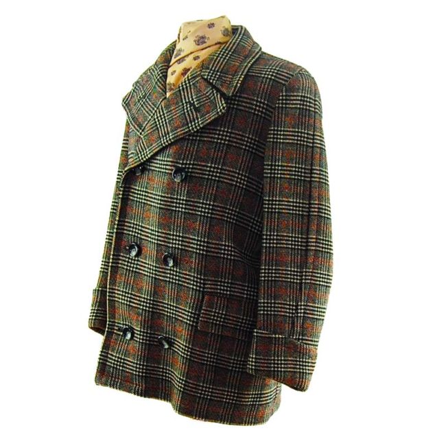 side of Mens Double Breasted Checkered Pea Coat