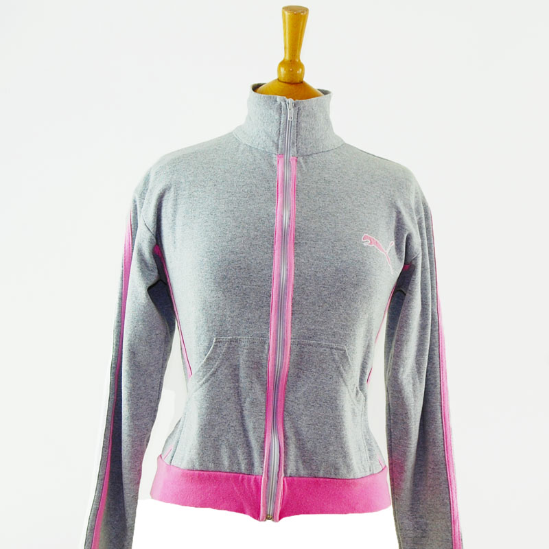 Grey And Pink Puma Zip Up Hoodie - UK 12 - Blue 17 Vintage Clothing