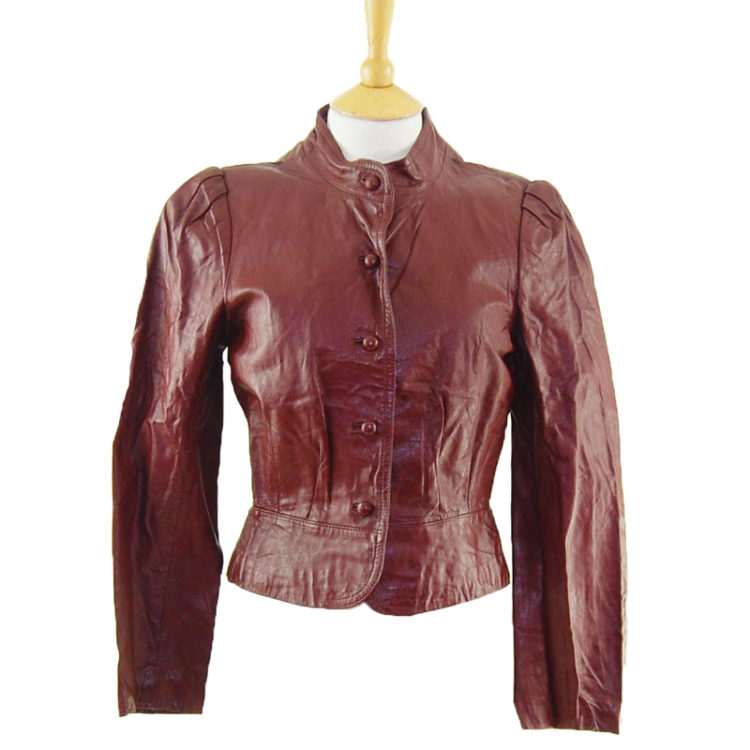 80s Womens Burgundy Leather Jacket - UK 10 - Blue 17 Vintage Clothing