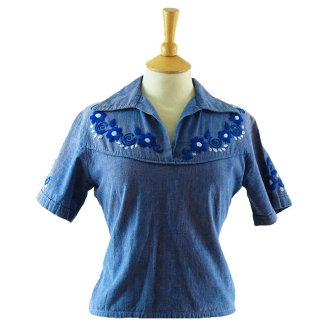 70s Blue Cotton Peasant Blouse