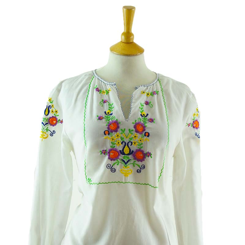 70s White Peasant Blouse - UK 10 - Blue 17 Vintage Clothing