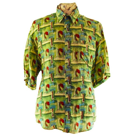 90s Vintage Green Patterned Silk Shirt 