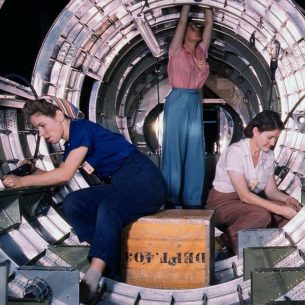 Women in their workwear at the Douglas Aircraft Company plant, 1942