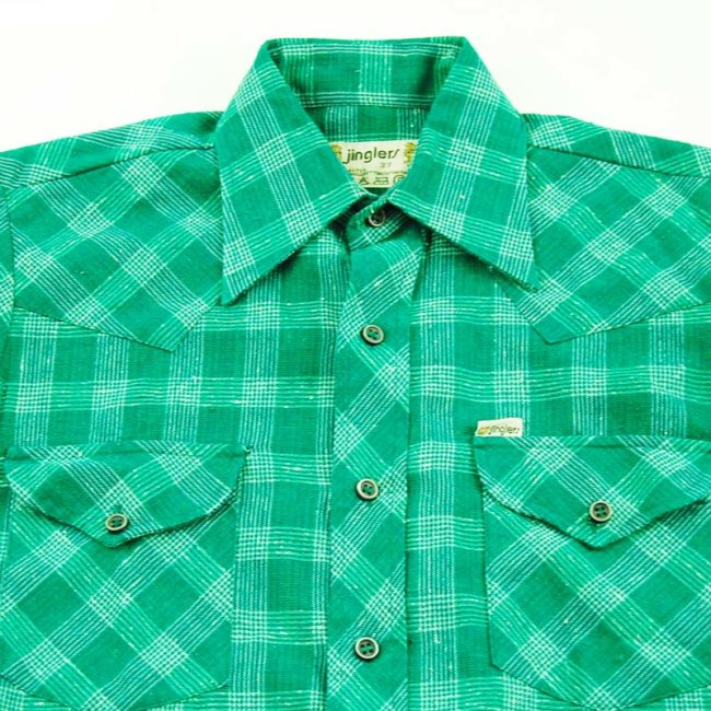 close up of 70s Green Plaid Western Shirt