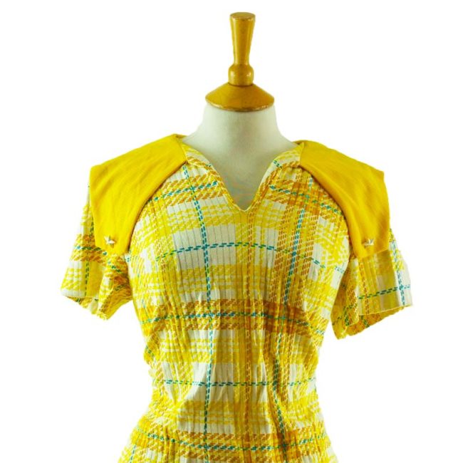 close up of 70s Vintage Yellow Plaid Blouse