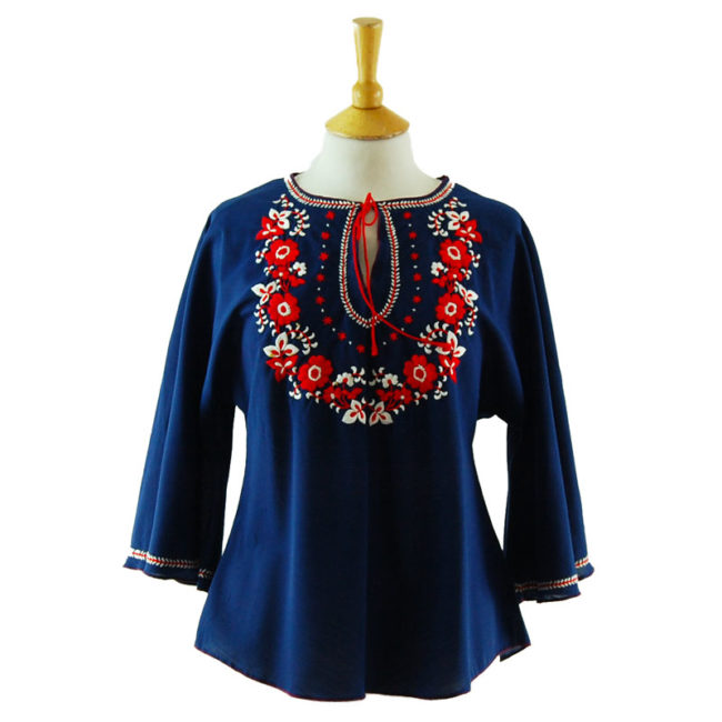 70s Blue Cotton Embroidered Peasant Blouse