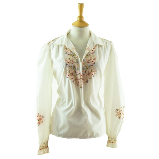 70s White Floral Peasant Blouse