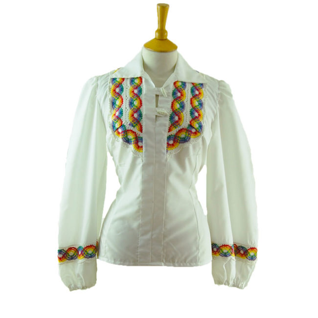 70s White Rainbow Embroidery Blouse