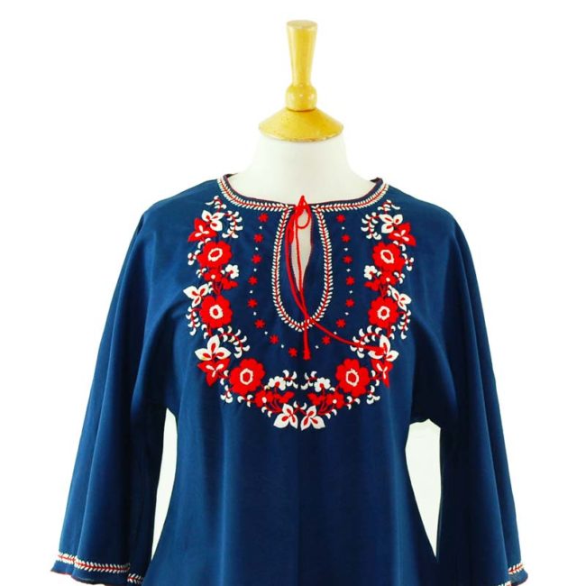 close up of 70s Blue Cotton Embroidered Peasant Blouse