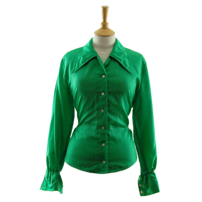 70s Emerald Green Satin Blouse