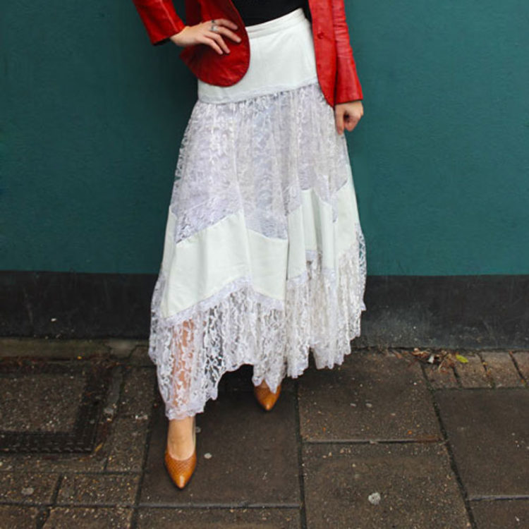 80s White Lace And Leather Skirt