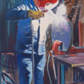 Furnace worker wearing blue workwear jacket and French workwear trousers, Toulon, France
