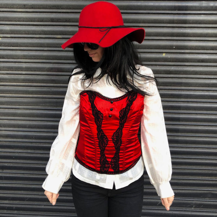 Red Satin And Black Lace Bustier